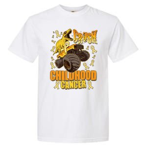 Crush Childhood Cancer Trex Dinosaur Monster Truck Wear Yellow Gold Garment-Dyed Heavyweight T-Shirt