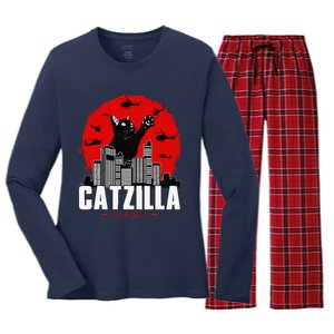 Catzilla Cute Cat Stuff For Cat Lover Cat Mom Cat Dad Women's Long Sleeve Flannel Pajama Set 