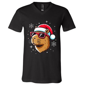 Cool Christmas Capybara With Santa Hat V-Neck T-Shirt