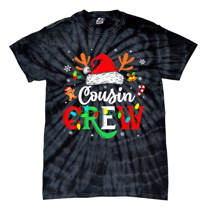 Christmas Cousin Crew Reindeer Santa Hat Lights Kid Teens Tie-Dye T-Shirt