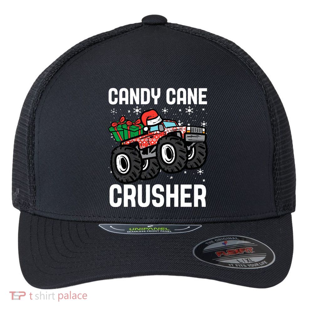 Candy Cane Crusher Christmas Monster Truck Flexfit Unipanel Trucker Cap