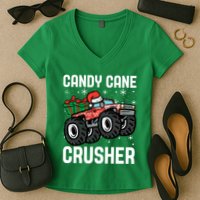 Candy Cane Crusher Christmas Monster Truck Women's V-Neck T-Shirt
