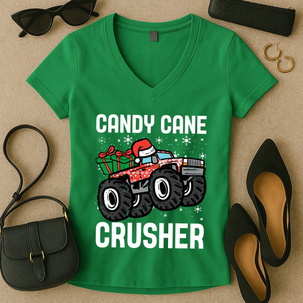 Candy Cane Crusher Christmas Monster Truck Women's V-Neck T-Shirt