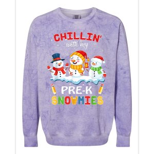 Cute Christmas Chillin' With My Pre-K Snowmies Teacher Colorblast Crewneck Sweatshirt