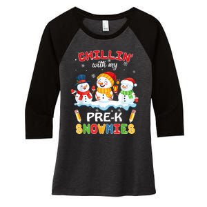 Cute Christmas Chillin' With My Pre-K Snowmies Teacher Women's Tri-Blend 3/4-Sleeve Raglan Shirt