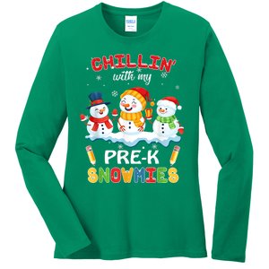 Cute Christmas Chillin' With My Pre-K Snowmies Teacher Ladies Long Sleeve Shirt