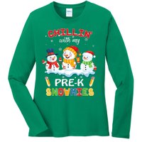 Cute Christmas Chillin' With My Pre-K Snowmies Teacher Ladies Long Sleeve Shirt