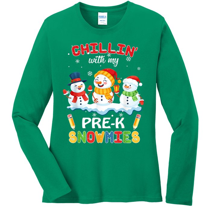 Cute Christmas Chillin' With My Pre-K Snowmies Teacher Ladies Long Sleeve Shirt