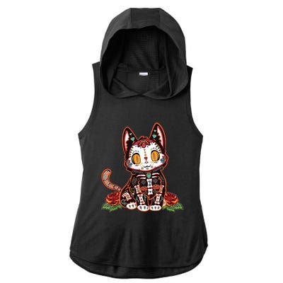 Calavera Cat Colorful Kitty Cute Dia De Los Muertos Gato Ladies PosiCharge Tri-Blend Wicking Draft Hoodie Tank