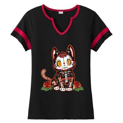 Calavera Cat Colorful Kitty Cute Dia De Los Muertos Gato Ladies Halftime Notch Neck Tee