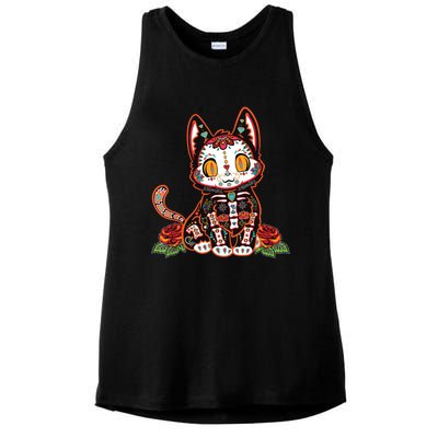 Calavera Cat Colorful Kitty Cute Dia De Los Muertos Gato Ladies PosiCharge Tri-Blend Wicking Tank