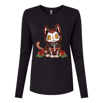 Calavera Cat Colorful Kitty Cute Dia De Los Muertos Gato Womens Cotton Relaxed Long Sleeve T-Shirt