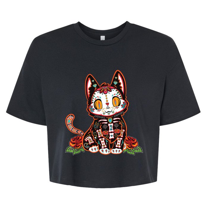 Calavera Cat Colorful Kitty Cute Dia De Los Muertos Gato Bella+Canvas Jersey Crop Tee