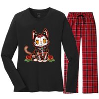 Calavera Cat Colorful Kitty Cute Dia De Los Muertos Gato Women's Long Sleeve Flannel Pajama Set 