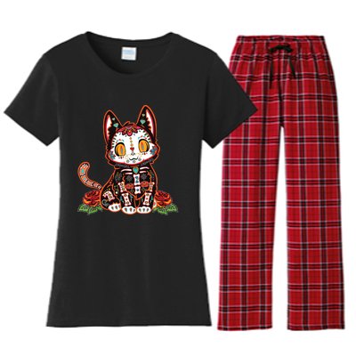 Calavera Cat Colorful Kitty Cute Dia De Los Muertos Gato Women's Flannel Pajama Set