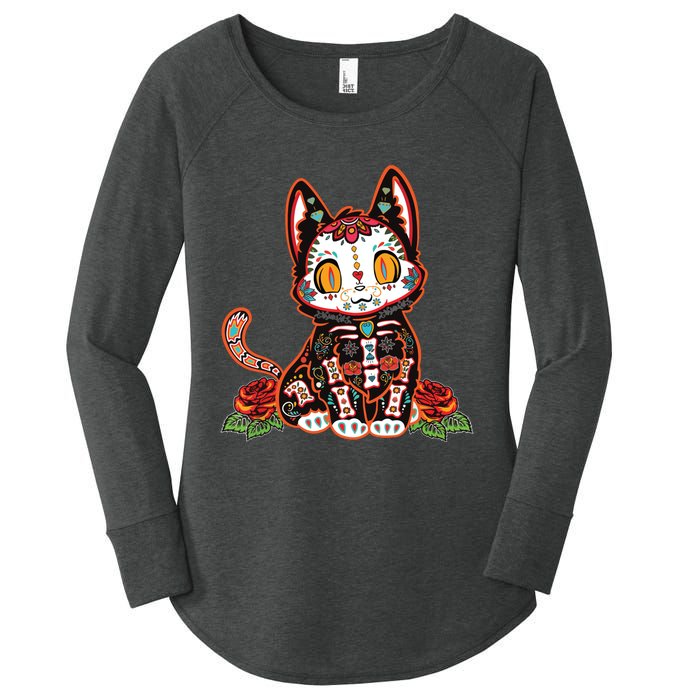 Calavera Cat Colorful Kitty Cute Dia De Los Muertos Gato Women's Perfect Tri Tunic Long Sleeve Shirt