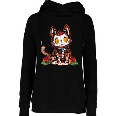 Calavera Cat Colorful Kitty Cute Dia De Los Muertos Gato Womens Funnel Neck Pullover Hood