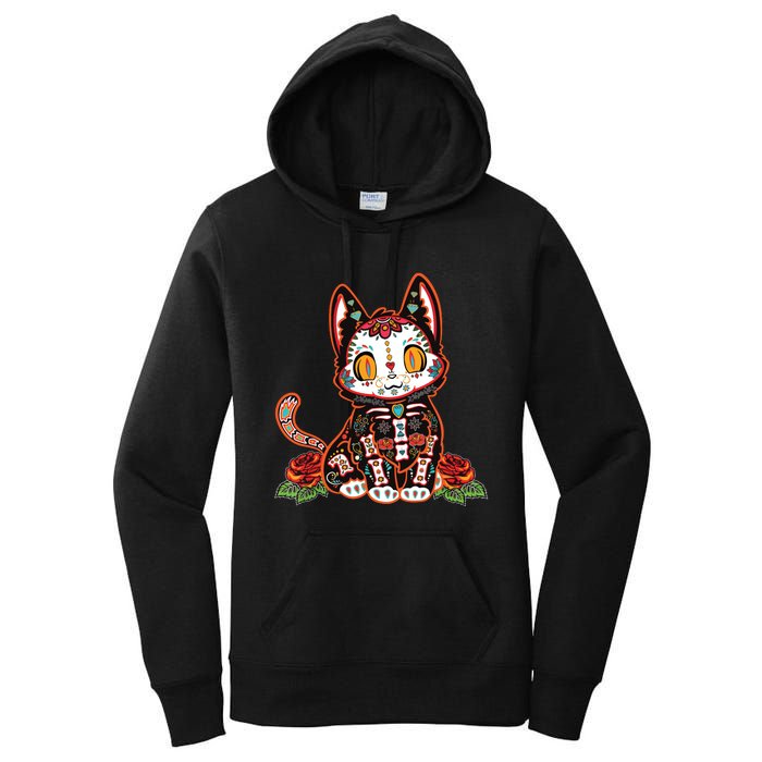 Calavera Cat Colorful Kitty Cute Dia De Los Muertos Gato Women's Pullover Hoodie