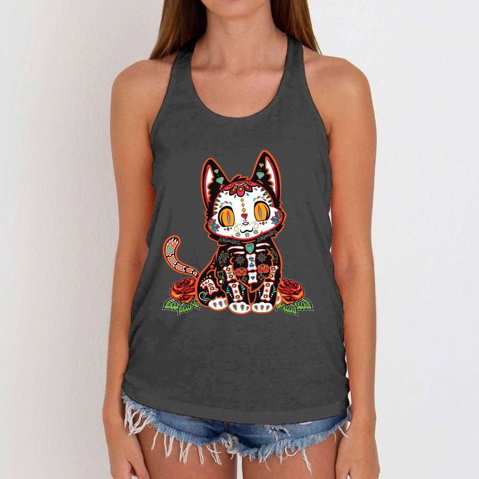 Calavera Cat Colorful Kitty Cute Dia De Los Muertos Gato Women's Knotted Racerback Tank