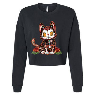 Calavera Cat Colorful Kitty Cute Dia De Los Muertos Gato Cropped Pullover Crew