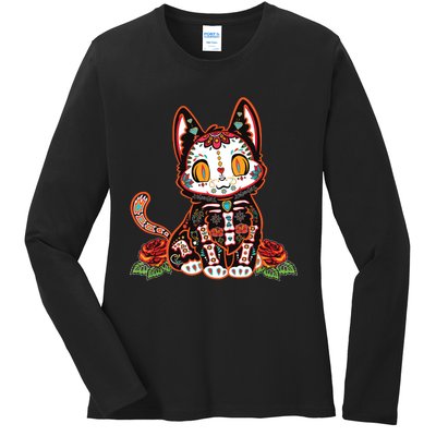 Calavera Cat Colorful Kitty Cute Dia De Los Muertos Gato Ladies Long Sleeve Shirt