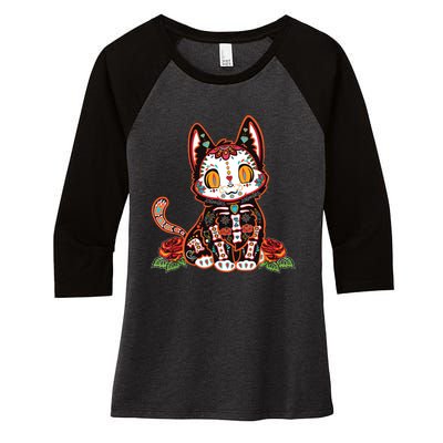 Calavera Cat Colorful Kitty Cute Dia De Los Muertos Gato Women's Tri-Blend 3/4-Sleeve Raglan Shirt