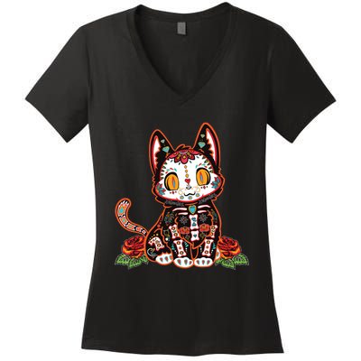 Calavera Cat Colorful Kitty Cute Dia De Los Muertos Gato Women's V-Neck T-Shirt