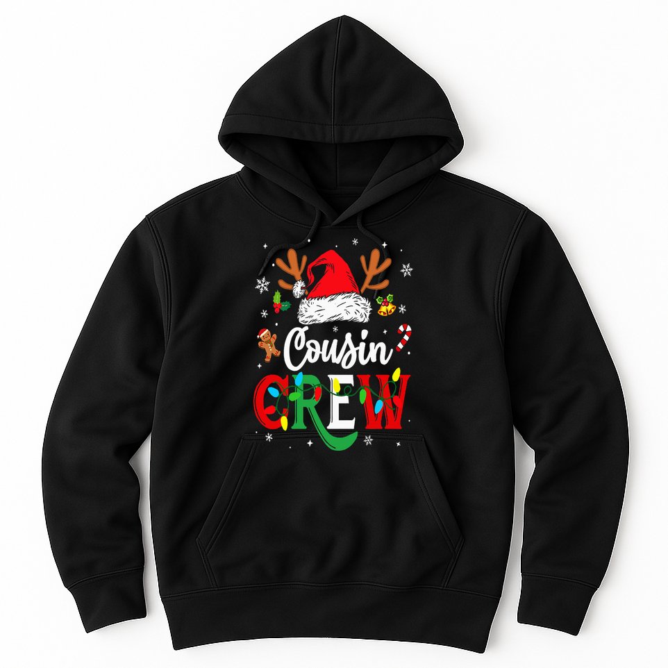 Christmas Cousin Crew Reindeer Santa Hat Lights Hoodie