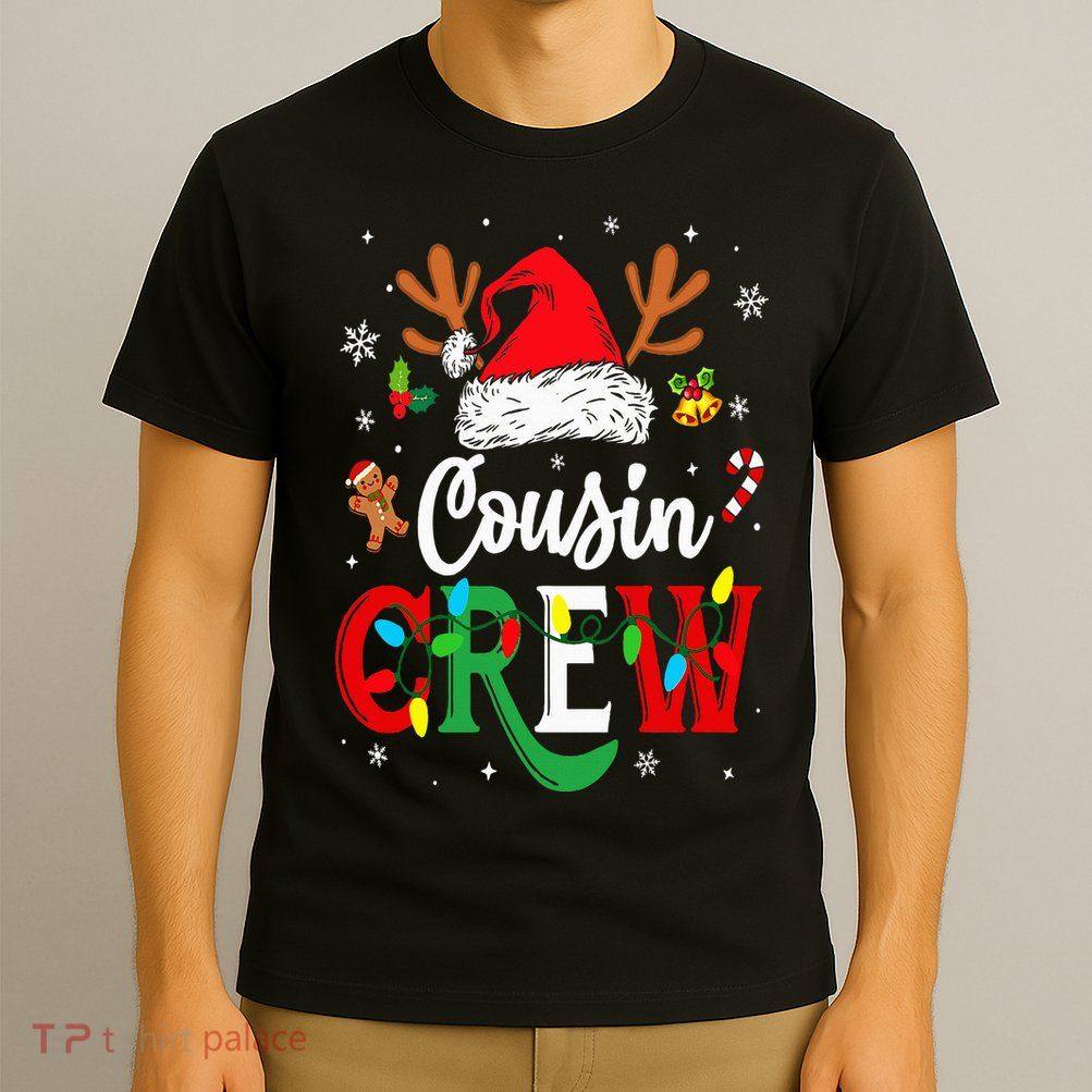 Christmas Cousin Crew Reindeer Santa Hat Lights T-Shirt