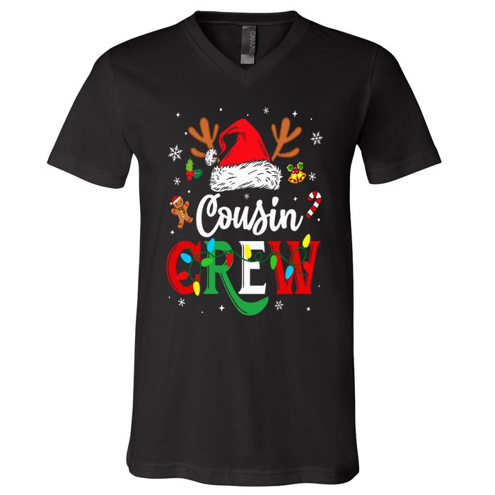 Christmas Cousin Crew Reindeer Santa Hat Lights V-Neck T-Shirt