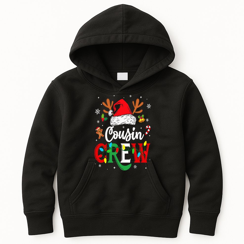 Christmas Cousin Crew Reindeer Santa Hat Lights Kids Hoodie