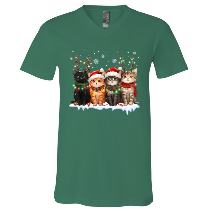 Cute Cat Christmas Light Reindeer Santa Xmas Cat Lover Gift V-Neck T-Shirt