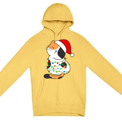 Calico Cat Christmas Tree Lights Santa Hat Funny Cat Lovers Funny Gift Premium Pullover Hoodie