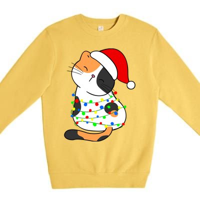 Calico Cat Christmas Tree Lights Santa Hat Funny Cat Lovers Funny Gift Premium Crewneck Sweatshirt