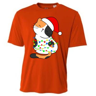 Calico Cat Christmas Tree Lights Santa Hat Funny Cat Lovers Funny Gift Cooling Performance Crew T-Shirt