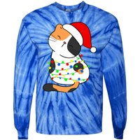 Calico Cat Christmas Tree Lights Santa Hat Funny Cat Lovers Funny Gift Tie-Dye Long Sleeve Shirt