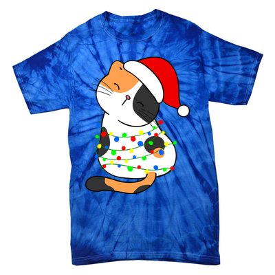 Calico Cat Christmas Tree Lights Santa Hat Funny Cat Lovers Funny Gift Tie-Dye T-Shirt