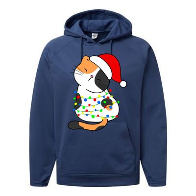 Calico Cat Christmas Tree Lights Santa Hat Funny Cat Lovers Funny Gift Performance Fleece Hoodie