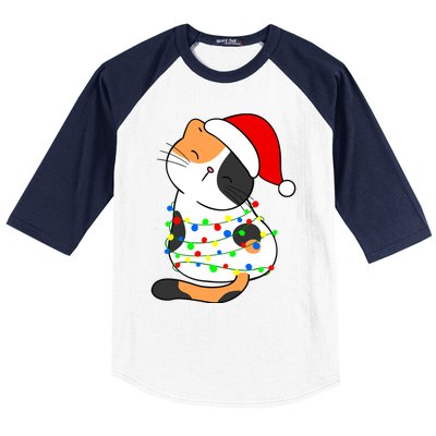 Calico Cat Christmas Tree Lights Santa Hat Funny Cat Lovers Funny Gift Baseball Sleeve Shirt