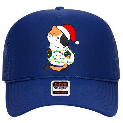 Calico Cat Christmas Tree Lights Santa Hat Funny Cat Lovers Funny Gift High Crown Mesh Back Trucker Hat