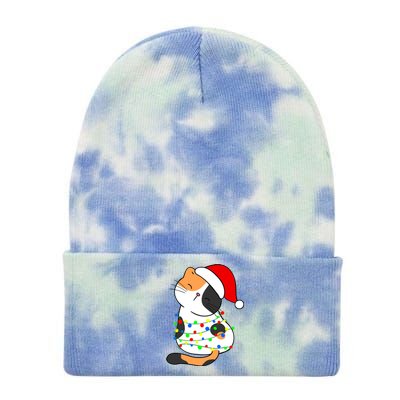 Calico Cat Christmas Tree Lights Santa Hat Funny Cat Lovers Funny Gift Tie Dye 12in Knit Beanie