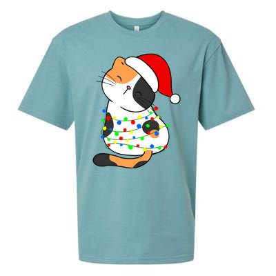 Calico Cat Christmas Tree Lights Santa Hat Funny Cat Lovers Funny Gift Sueded Cloud Jersey T-Shirt