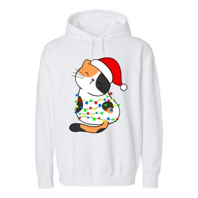 Calico Cat Christmas Tree Lights Santa Hat Funny Cat Lovers Funny Gift Garment-Dyed Fleece Hoodie