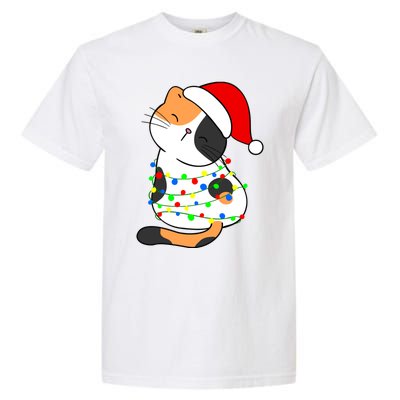 Calico Cat Christmas Tree Lights Santa Hat Funny Cat Lovers Funny Gift Garment-Dyed Heavyweight T-Shirt