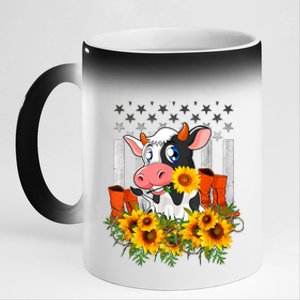 Cute Cow Cute Gift Sunflower American Flag Cow Farmer Gift 11oz Black Color Changing Mug