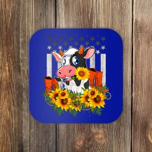 Cute Cow Cute Gift Sunflower American Flag Cow Farmer Gift Coaster