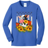 Cute Cow Cute Gift Sunflower American Flag Cow Farmer Gift Kids Long Sleeve Shirt