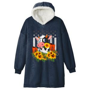 Cute Cow Cute Gift Sunflower American Flag Cow Farmer Gift Hooded Wearable Blanket