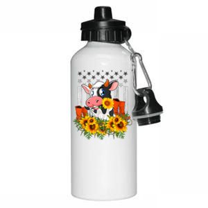 Cute Cow Cute Gift Sunflower American Flag Cow Farmer Gift Aluminum Water Bottle 