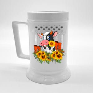 Cute Cow Cute Gift Sunflower American Flag Cow Farmer Gift Beer Stein